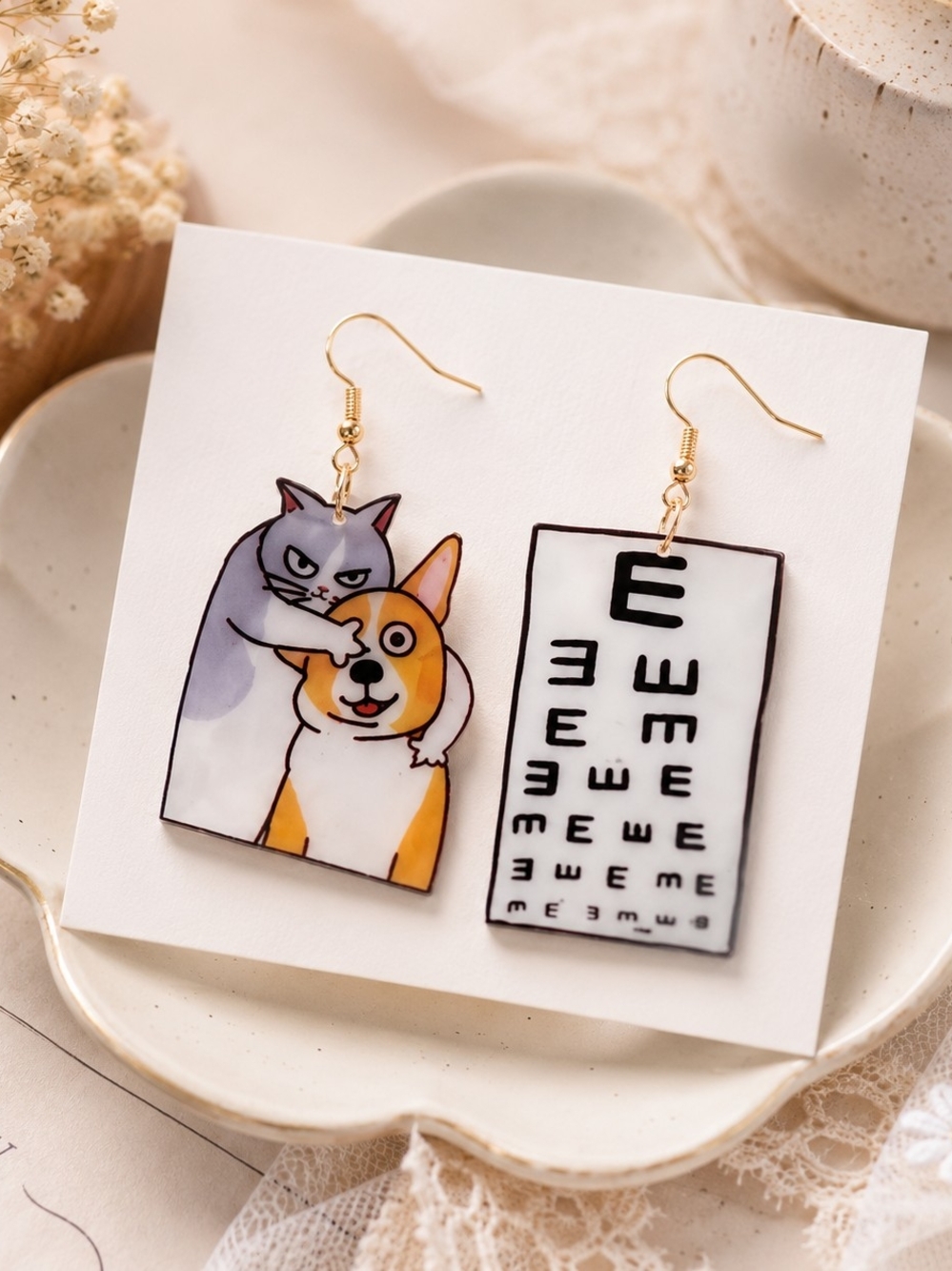 Cute Dog & Eye Chart Dangle Earrings Optometry Veterinary New